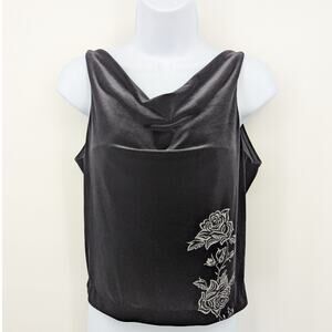 Vintage Black Floral Micro Mesh JPLA Sleeveless Top Women's Large Made in USA